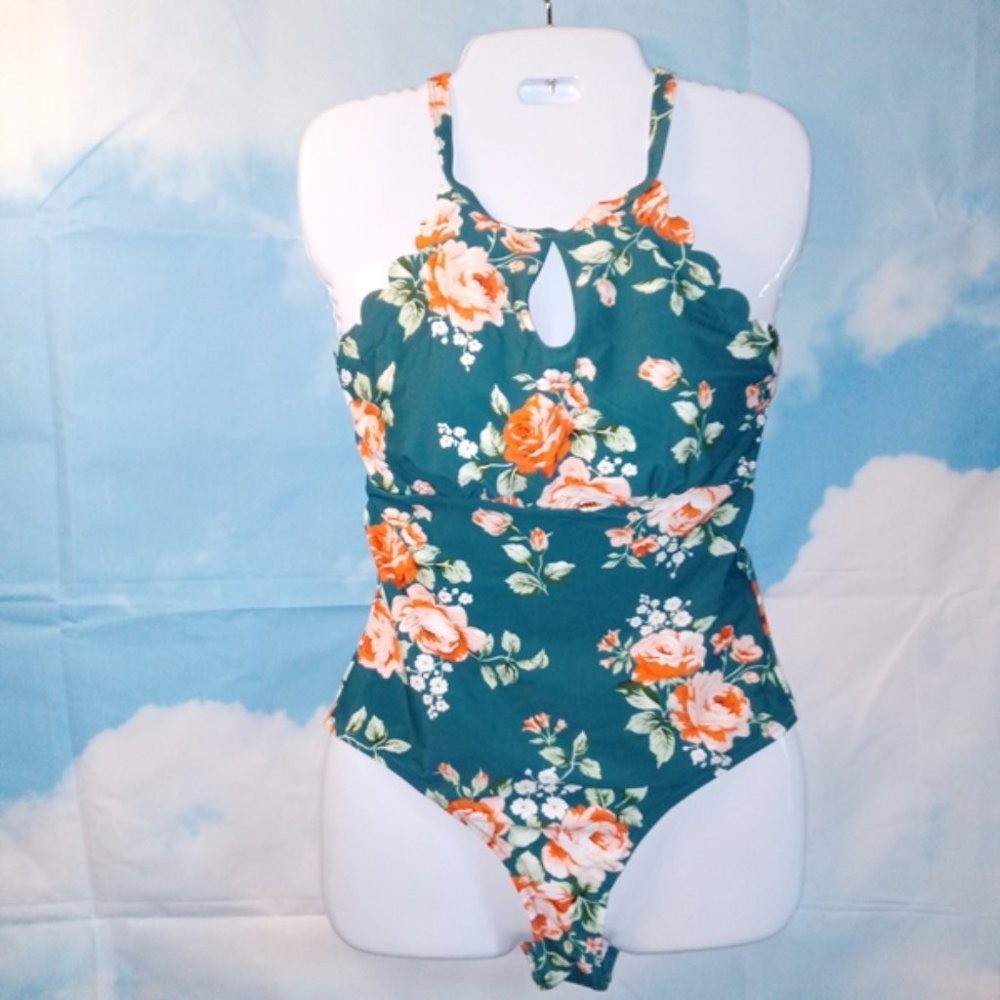 Green with orange/peach roses 1-Piece Swimsuit peekaboo, high-neck by Cupshe NEW